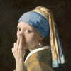 A portrait painting of a woman wearing a blue headscarf and yellow garment, touching her face.