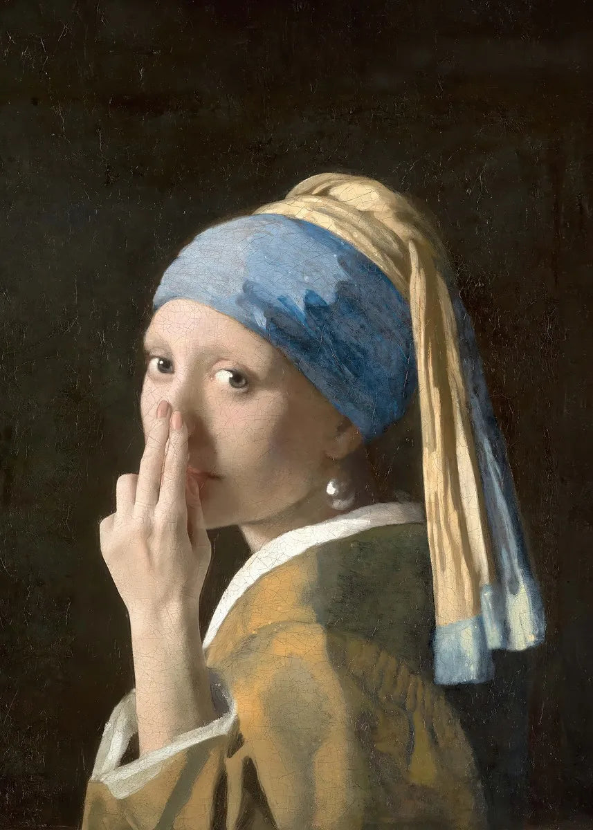 A portrait painting of a woman wearing a blue headscarf and yellow garment, touching her face.