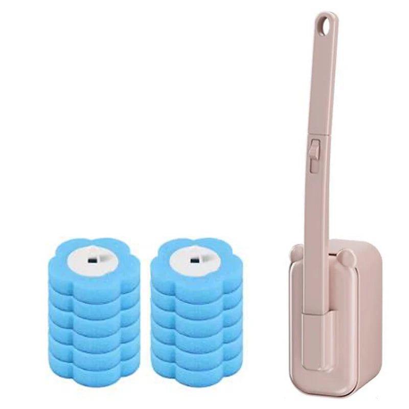 Un ensemble de brosses de toilette jetables roses, fixées au mur avec poignées.