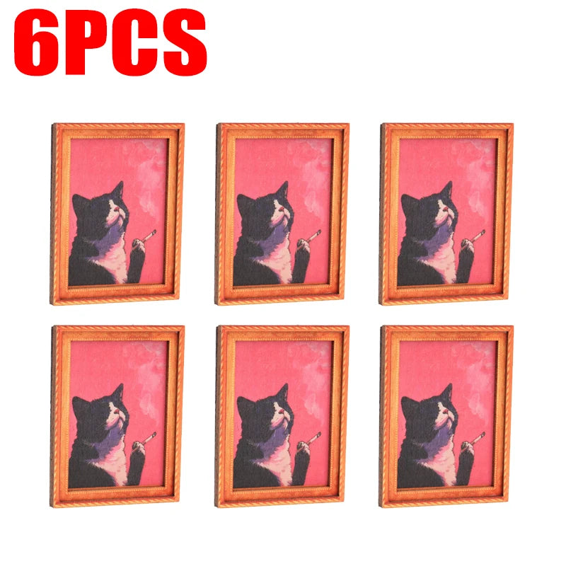 Sechs gerahmte Bilder einer schwarzen Katzen-Silhouette auf pinkem Hintergrund für Home-Dekoration