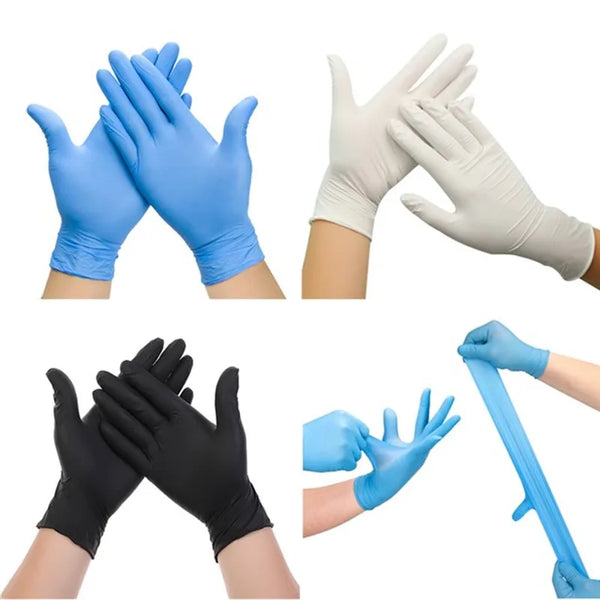 A collection of disposable nitrile gloves in various colors and styles shown in different hand positions.