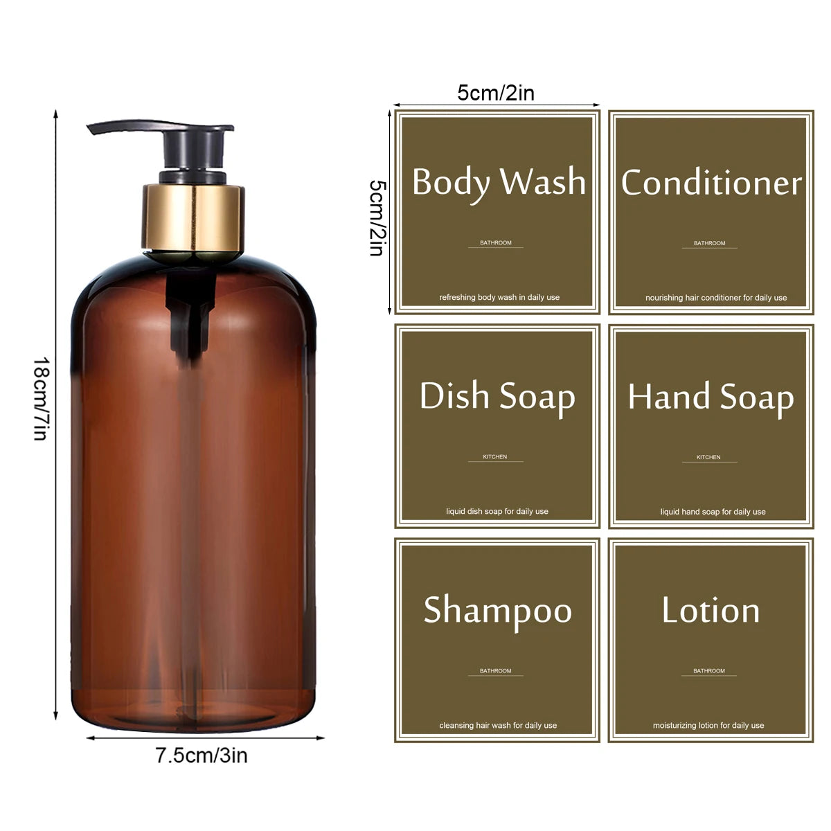 A brown glass refillable pump soap dispenser bottle with various labeled soap and lotion refills.