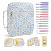 A light blue floral quilted Bible cover bag with a zipper and handle, shown alongside various colored pens and a color chart.