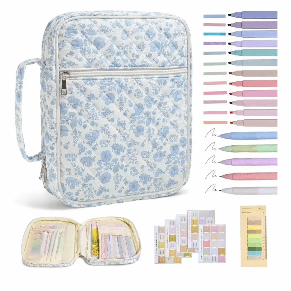 A light blue floral quilted Bible cover bag with a zipper and handle, shown alongside various colored pens and a color chart.