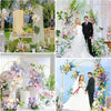 A display of floral arrangements and a bride and groom posing in front of an adjustable gold arch stand for party decor.
