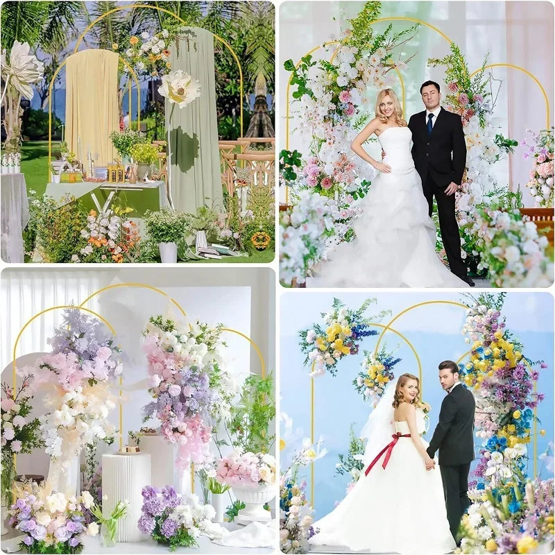 A display of floral arrangements and a bride and groom posing in front of an adjustable gold arch stand for party decor.