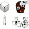 Reusable stainless steel whiskey ice cubes and a metal tool for shaping them