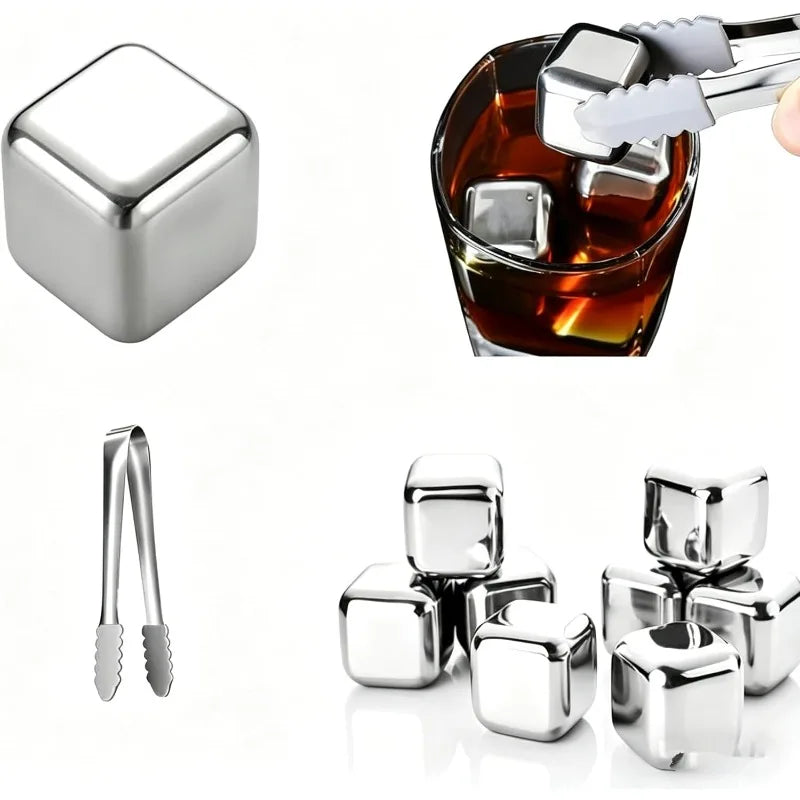 Reusable stainless steel whiskey ice cubes and a metal tool for shaping them