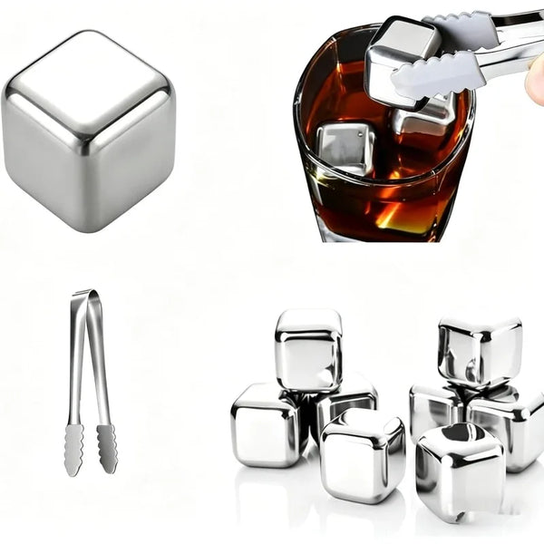 Reusable stainless steel whiskey ice cubes and a metal tool for shaping them