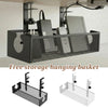 A black metal hanging basket for free storage and cable management, shown in various forms.