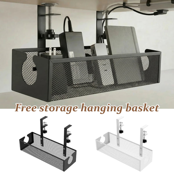 A black metal hanging basket for free storage and cable management, shown in various forms.