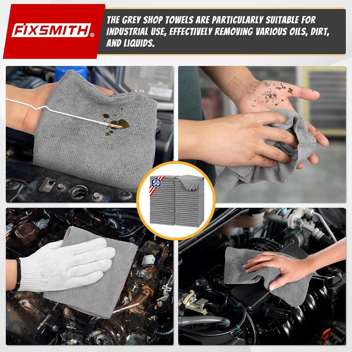 Grey FixSmith microfiber cleaning cloths being used to remove oils and dirt from an engine part.