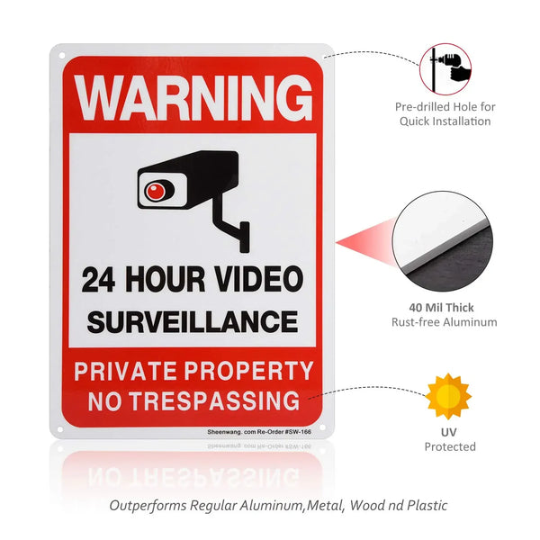 A warning sign for 24 hour video surveillance on private property, featuring a camera icon and text.