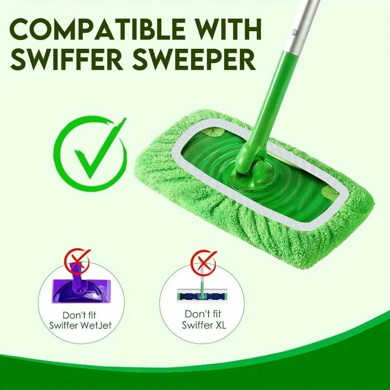 A green reusable mop pad with a white trim is shown alongside a mop handle, indicating compatibility with a Swiffer sweeper.