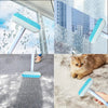 A reusable multi-surface pet hair remover tool with a white handle and blue bristles is shown in various applications.