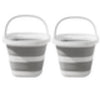 A pair of gray and white collapsible water buckets with handles for portable storage.