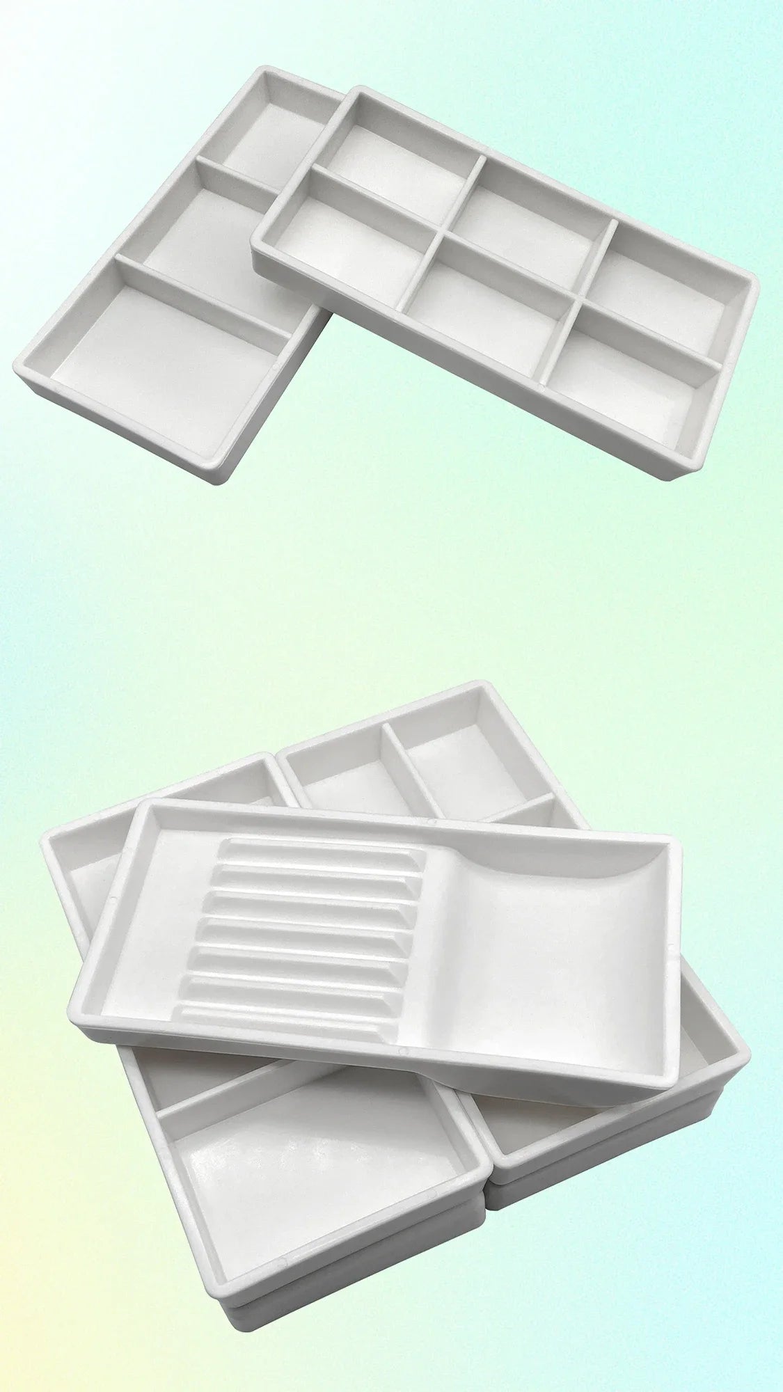 White dental autoclavable cabinet tray organizer with multiple compartments shown from an angled view.