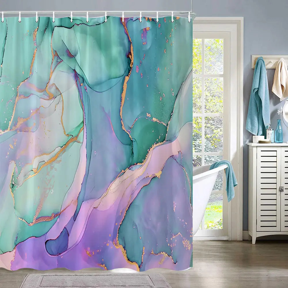 A shower curtain featuring an abstract marble texture in shades of teal, purple, and pink with gold accents.