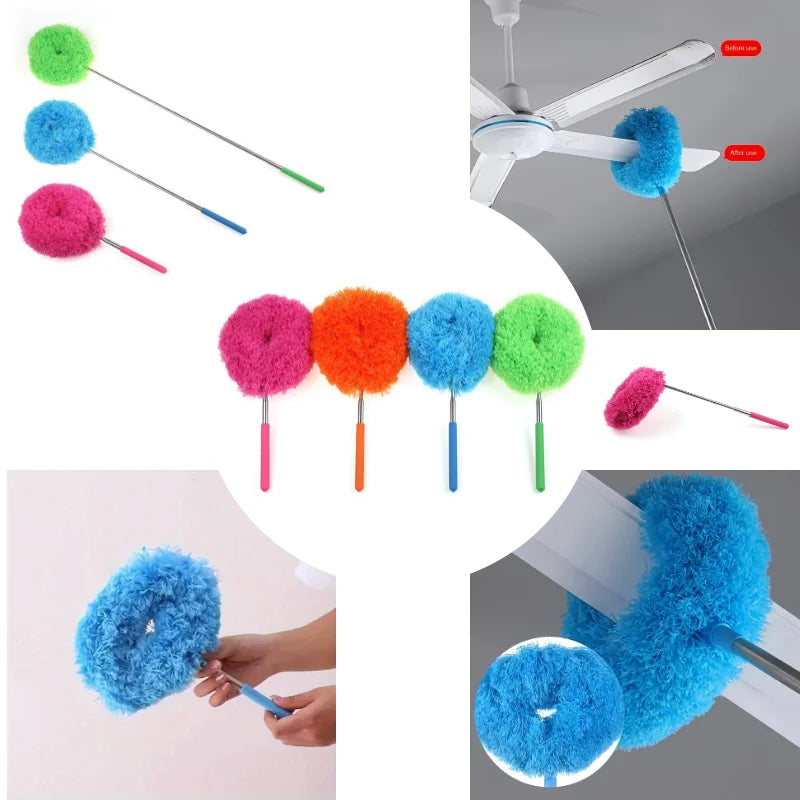 Various colored long-handled microfiber puff duster heads for cleaning fans and surfaces.