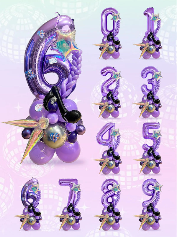 A set of purple and gold K-Pop music theme balloon pillars shaped like the number 6, 2, 3, and 5.