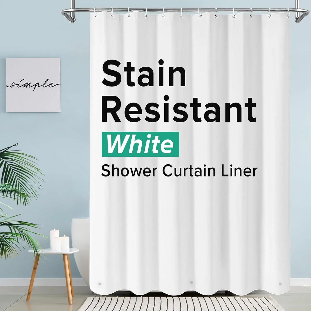White Stain Resistant Shower Curtain Liner hanging on a rod