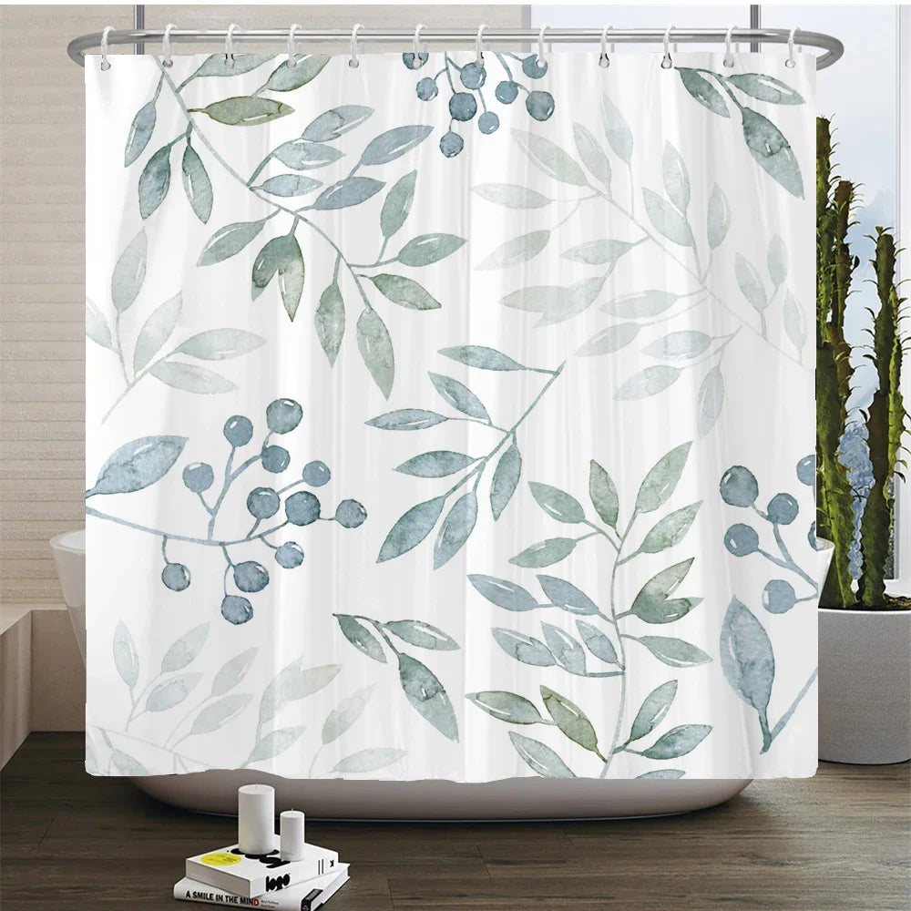 Rideau de douche floral élégant avec motif botanique aquarelle d'eucalyptus et de baies.