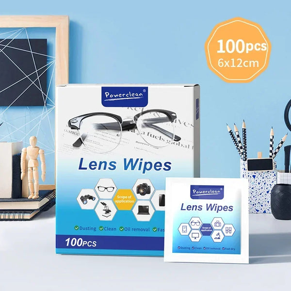 Box of 100 pre-moistened lens wipes for cleaning glasses and screens