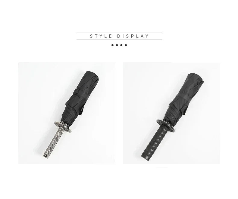 A black folding katana sword displayed next to a black umbrella, used for cosplay and everyday use.