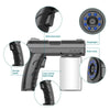 A black nano steam sprayer bottle is shown with its components including a grip, a plastic nozzle, and a circular light assem