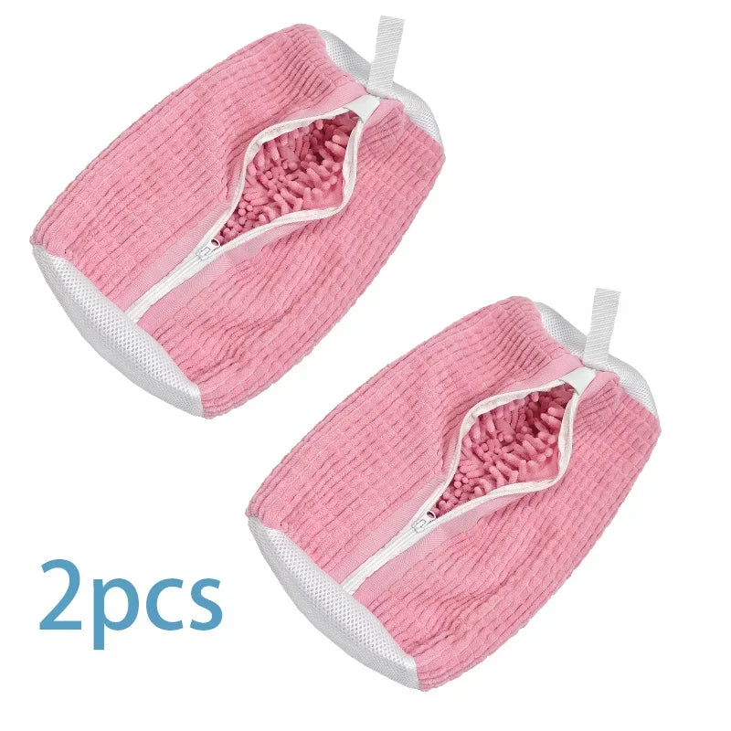 Two pink reusable shoe washing bags with an invisible zipper and white trim.