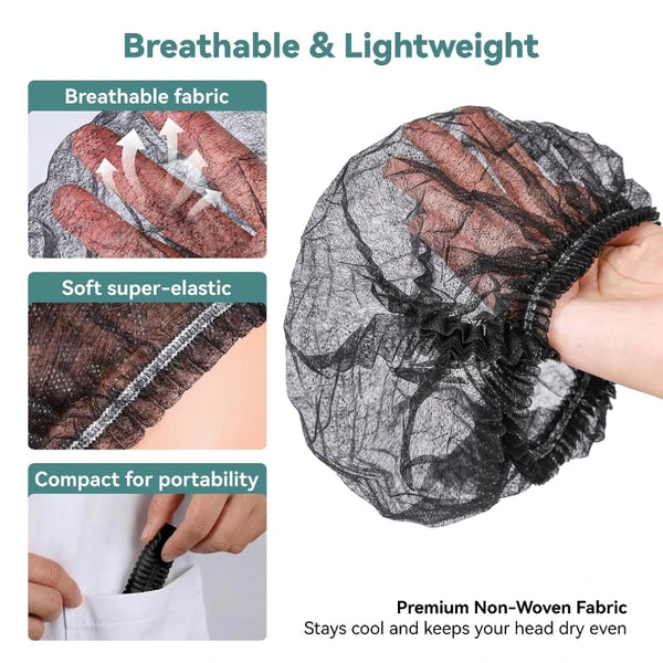 A black non-woven bouffant hair net is shown being worn on a hand, highlighting its breathable and lightweight features.