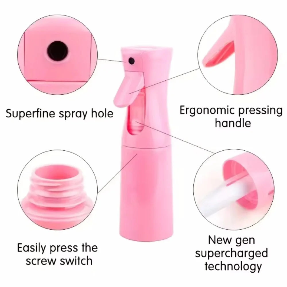 Pink refillable mist spray bottle showing features like a superfine spray hole, ergonomic handle, and screw switch.