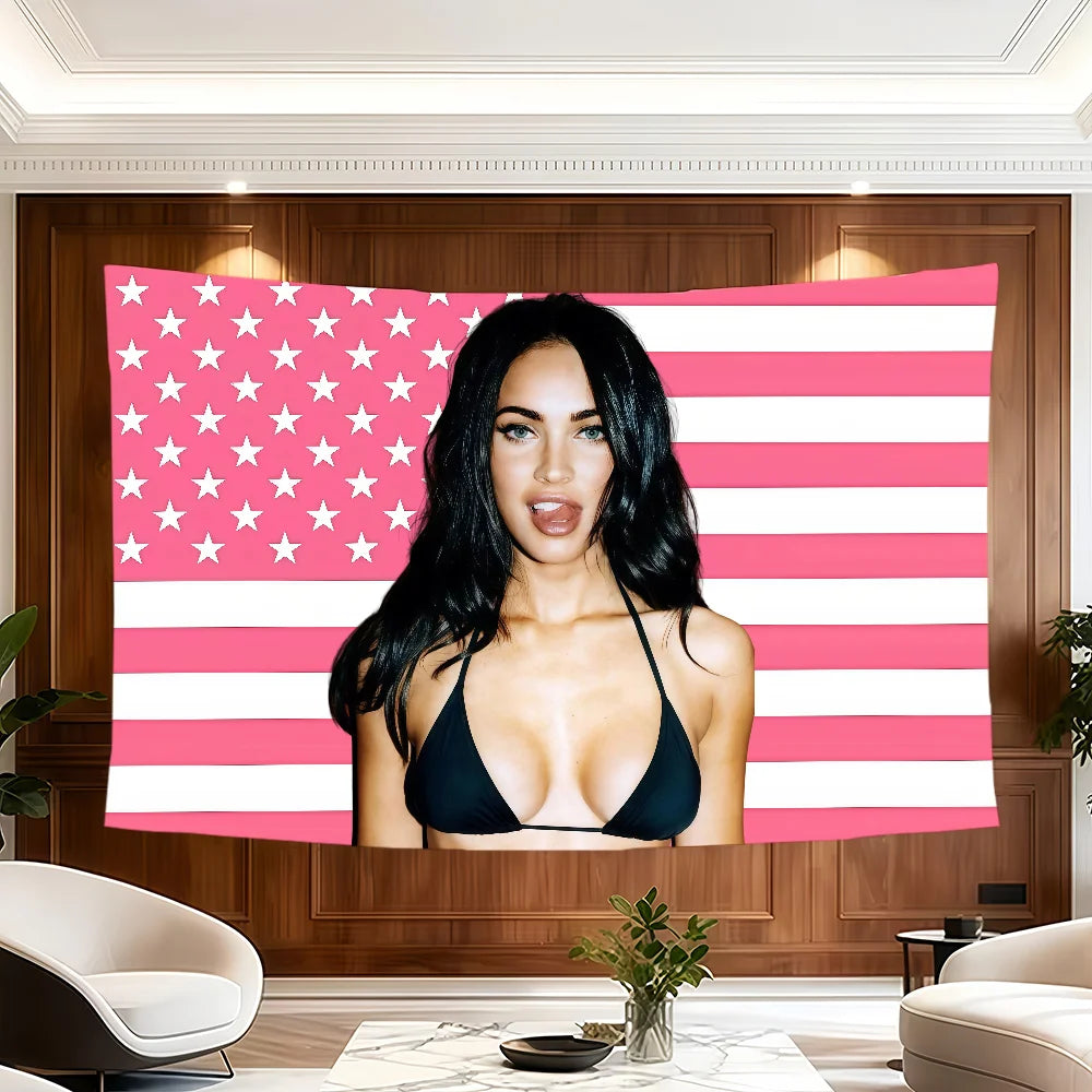 A woman with long dark hair is featured on a decorative fabric banner with a pink and white American flag design.