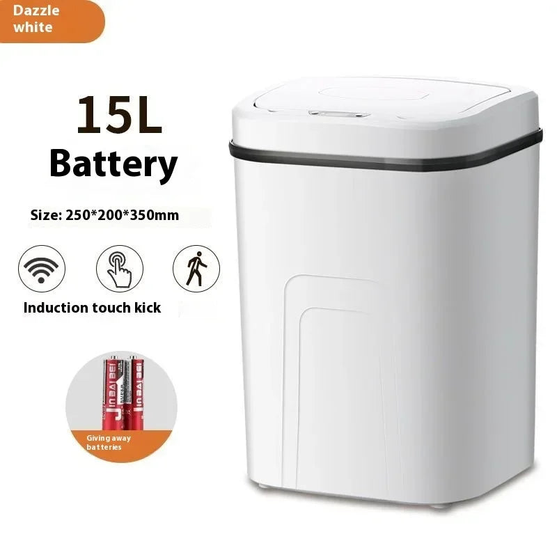 A white 15L touchless sensor trash can with a lid shown from the front.