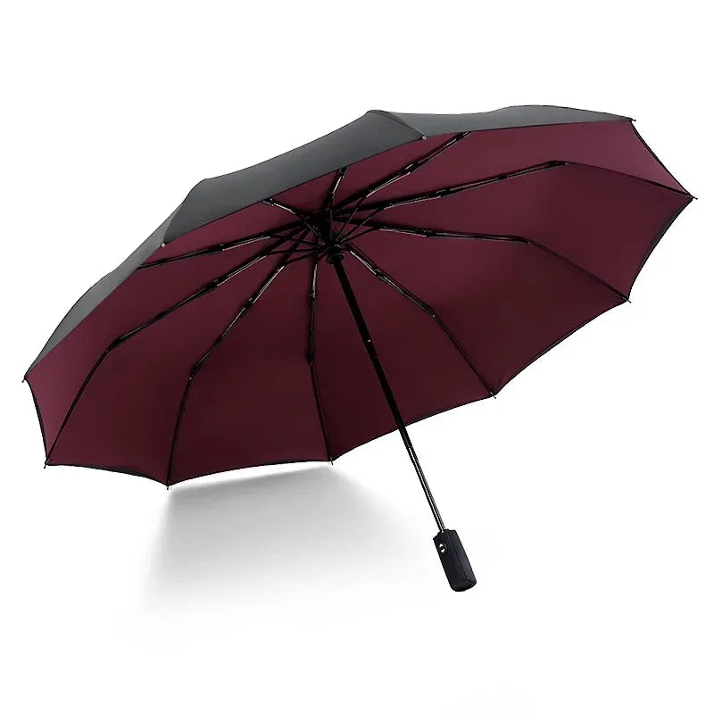 A dark burgundy fully automatic double-layer outdoor umbrella viewed from above.