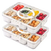 A clear plastic snack organizer tray with eight compartments filled with various nuts, dried fruits, and colorful candies.