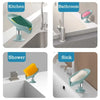 Various leaf-shaped suction cup soap holders and draining trays used in kitchen, bathroom, shower, and sink areas.