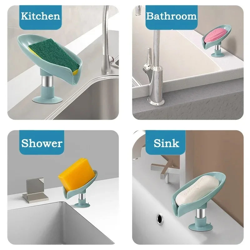 Various leaf-shaped suction cup soap holders and draining trays used in kitchen, bathroom, shower, and sink areas.