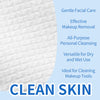 A white, textured facial cleansing wipe is shown with text highlighting its gentle care, makeup removal effectiveness, and ve