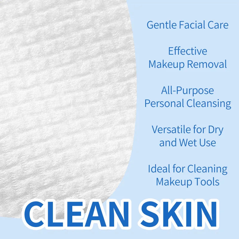 A white, textured facial cleansing wipe is shown with text highlighting its gentle care, makeup removal effectiveness, and ve