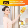 Una mujer usa un plumero desechable amarillo giratorio de 360 grados para limpiar eficientemente.