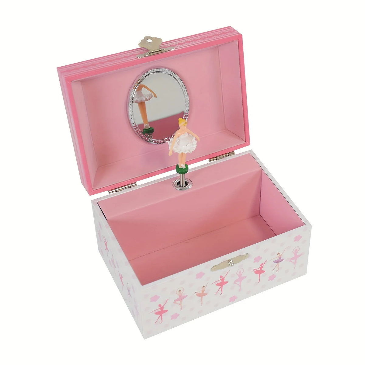 Caja de música de ballet rosa clásico con decoración de espejo dentro de la tapa.