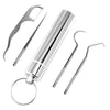 Stainless steel reusable toothpick set with multiple metal tools and a loop