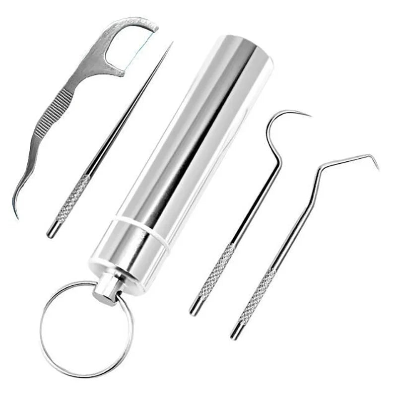 Stainless steel reusable toothpick set with multiple metal tools and a loop