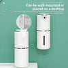 Dispensador de jabón blanco recargable automático montado en la pared, junto a una vista insertada circular.