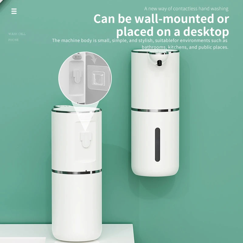 Dispensador de jabón blanco recargable automático montado en la pared, junto a una vista insertada circular.
