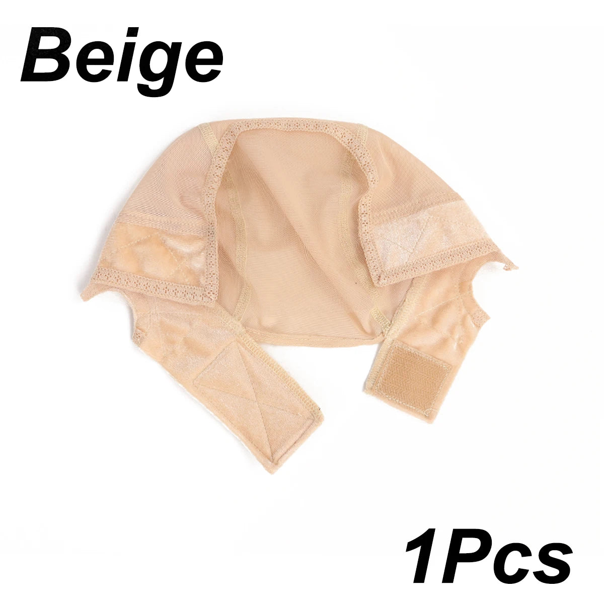 Beige adjustable velvet headband wig cap shown flat
