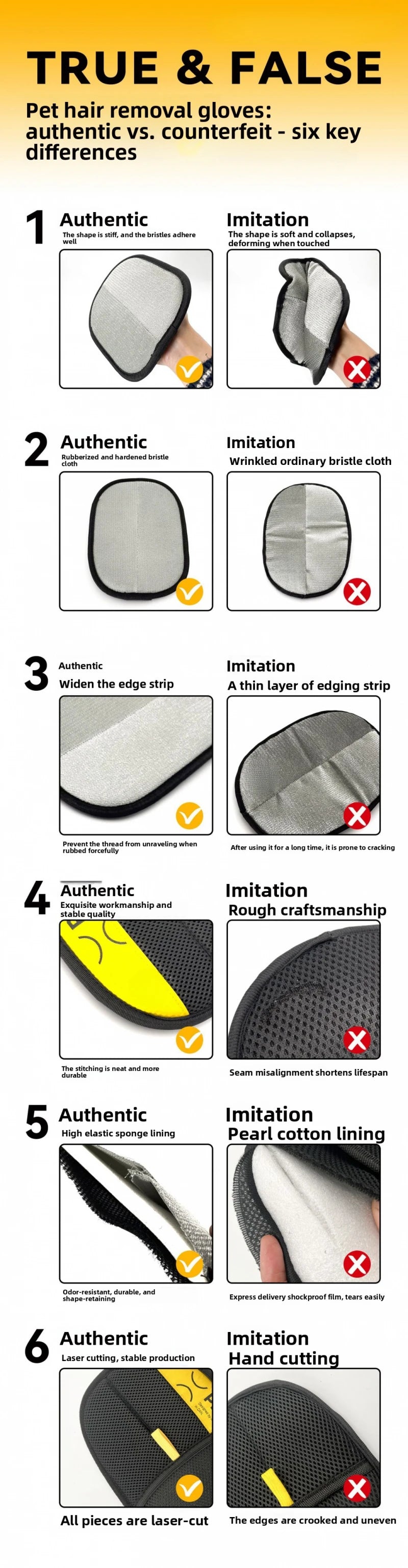 Comparison chart showing six key differences between authentic and imitation pet hair removal gloves.