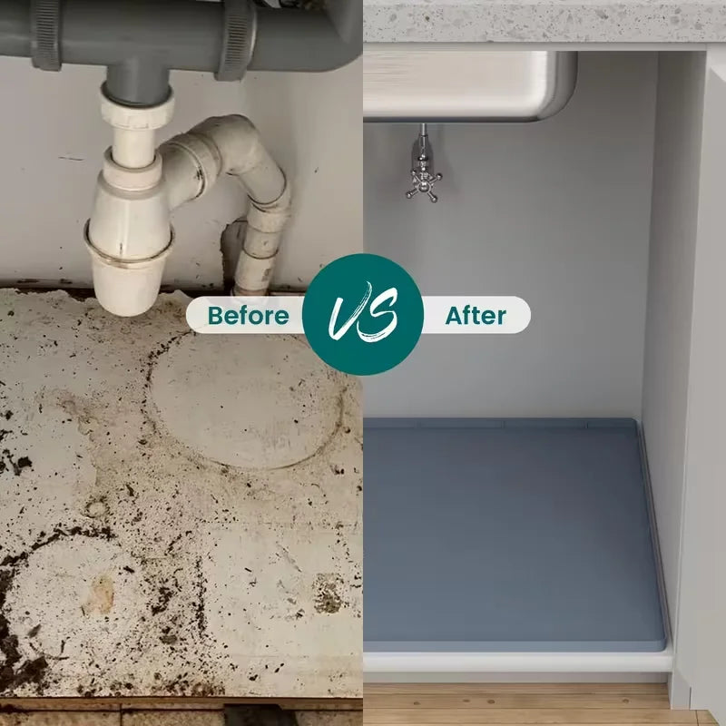 Vorher-Nachher-Vergleich der Installation einer silikonigen, mehrteiligen Spüle-Untermatte mit Tropfschutz.
