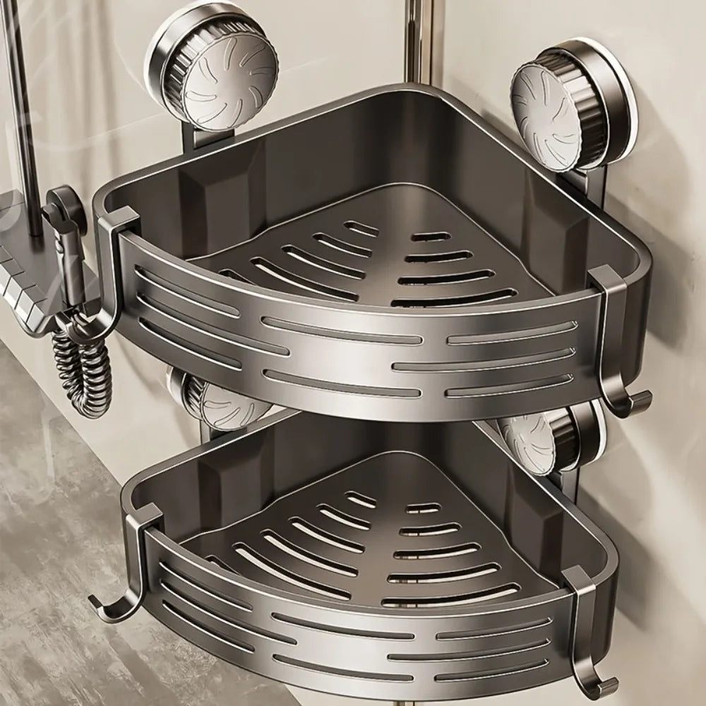 A pair of stainless steel triangular suction cup storage shelves mounted on a wall.